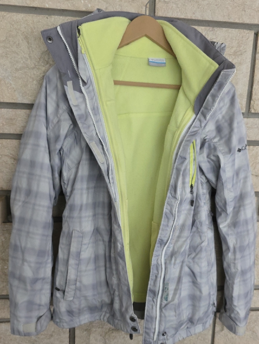 Columbia Gray Plaid Hooded Jacket with Lime Fleece (2 Jackets In One)